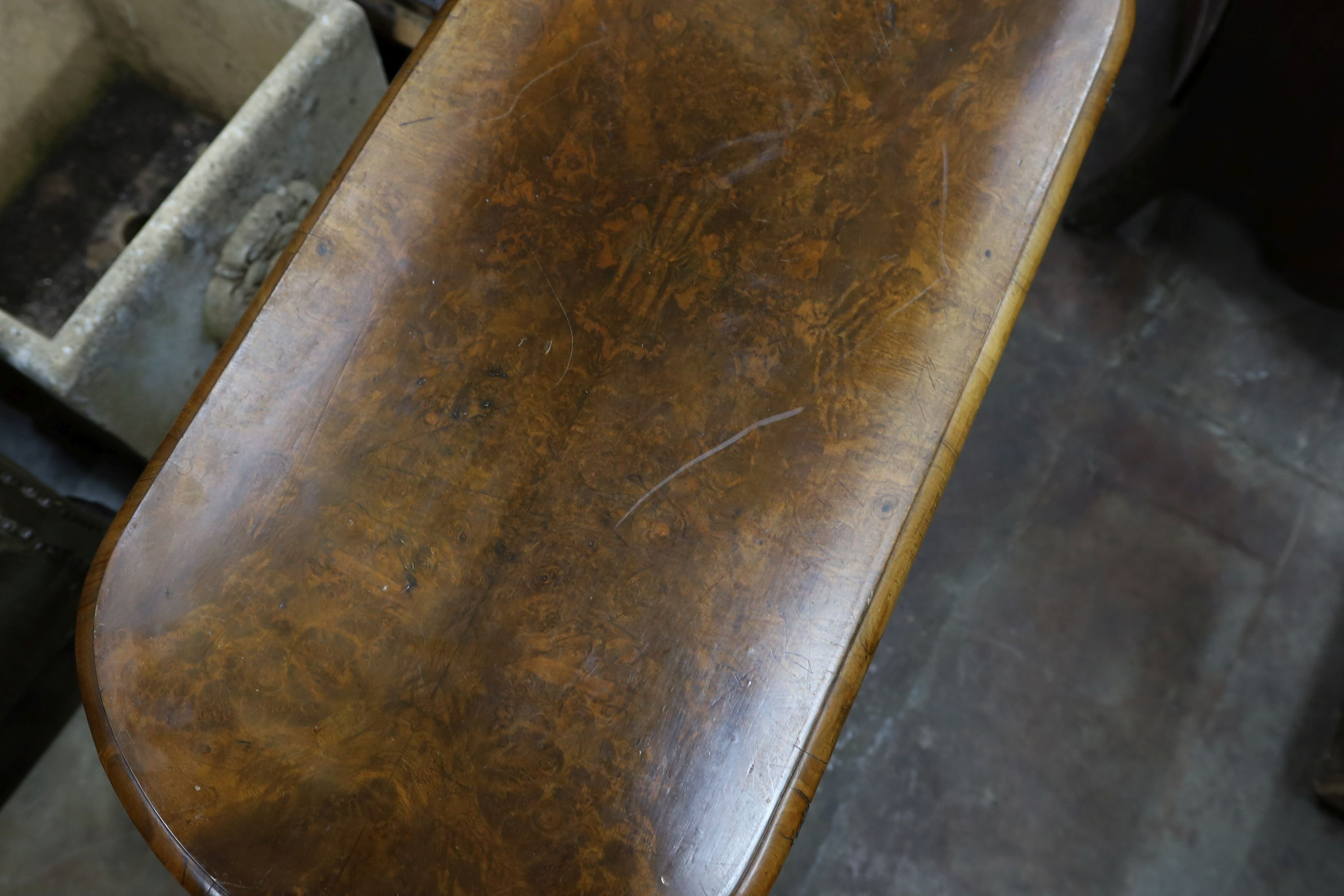 A Victorian burr walnut folding card table, width 92cm, depth 44cm, height 69cm